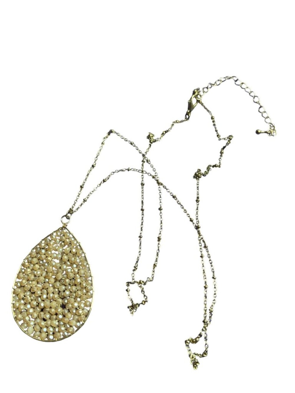 Faceted Beaded Teardrop Pendant Necklace Goldtone 32 - 35 inches 2 inch Pendant